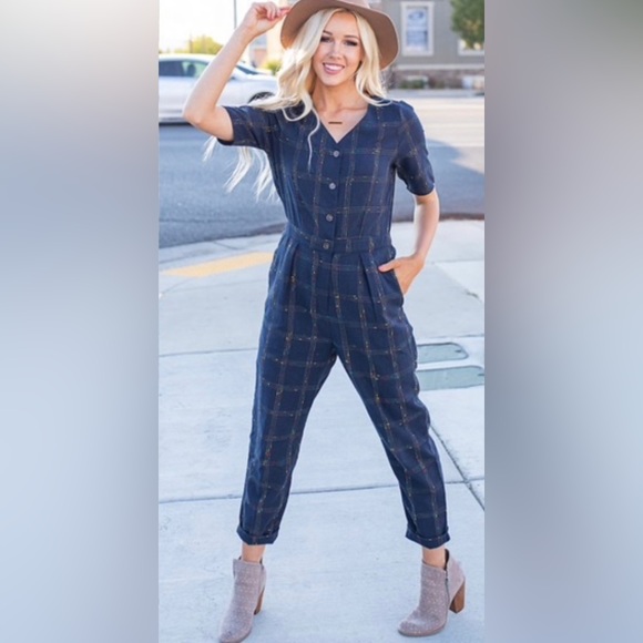 Polagram Color Outside the Lines Navy Grid Men’s Wear Boucle Thread Jumpsuit - Picture 4 of 8